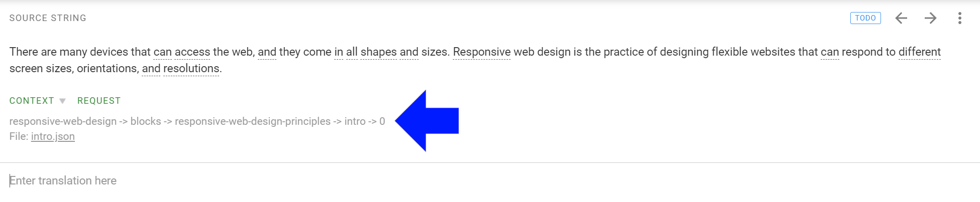 Imagen con una flecha que apunta a la información contextual de Crowdin